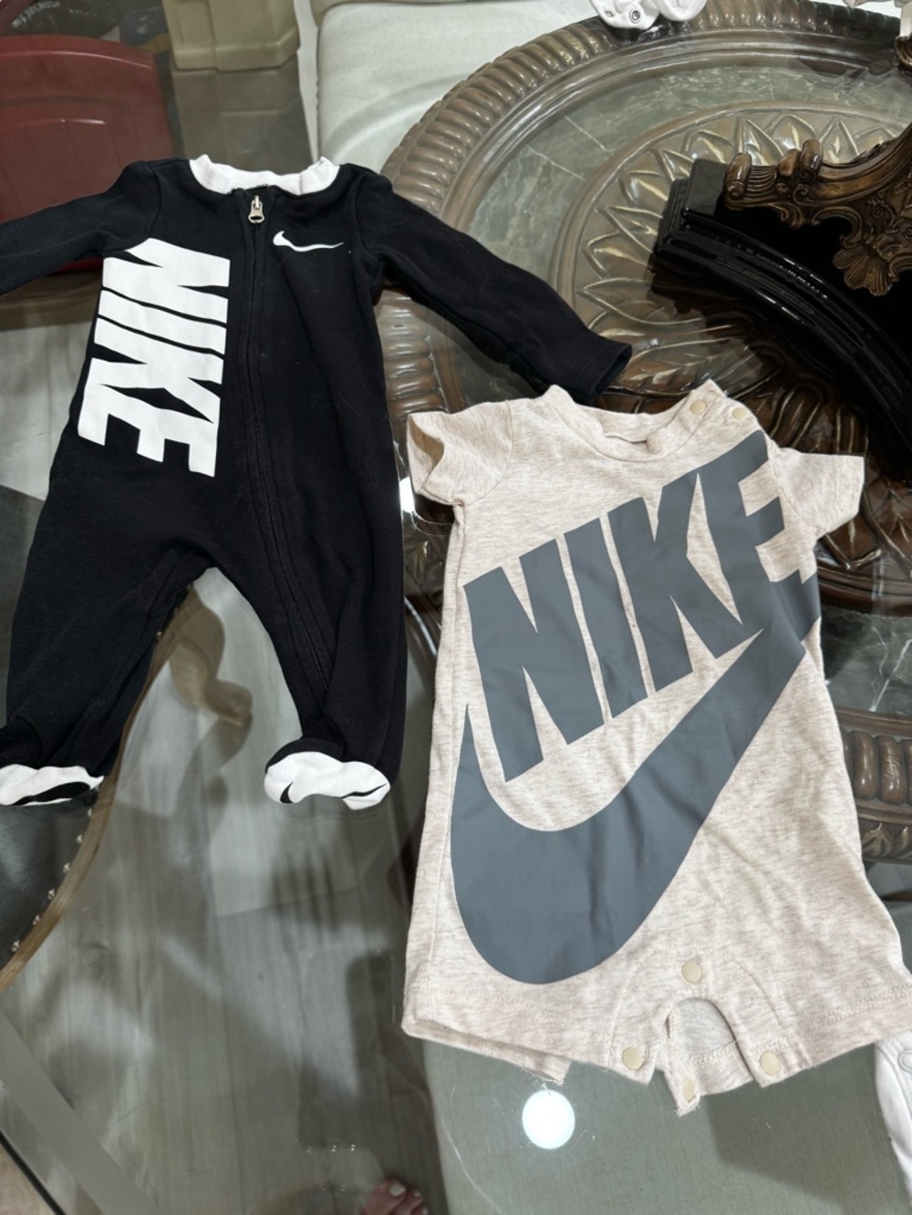 Nike Black Footed Romper & Heather Gray Logo One-Piece Set